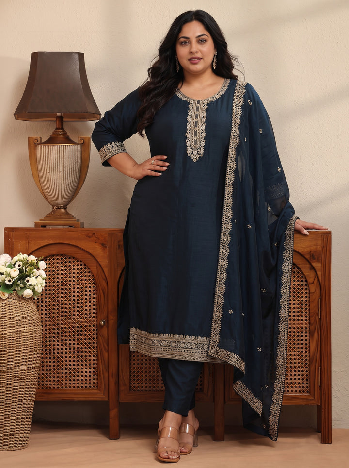 Plus Size Navy Blue Yoke Deisgn Silk Blend Straight Suit Set