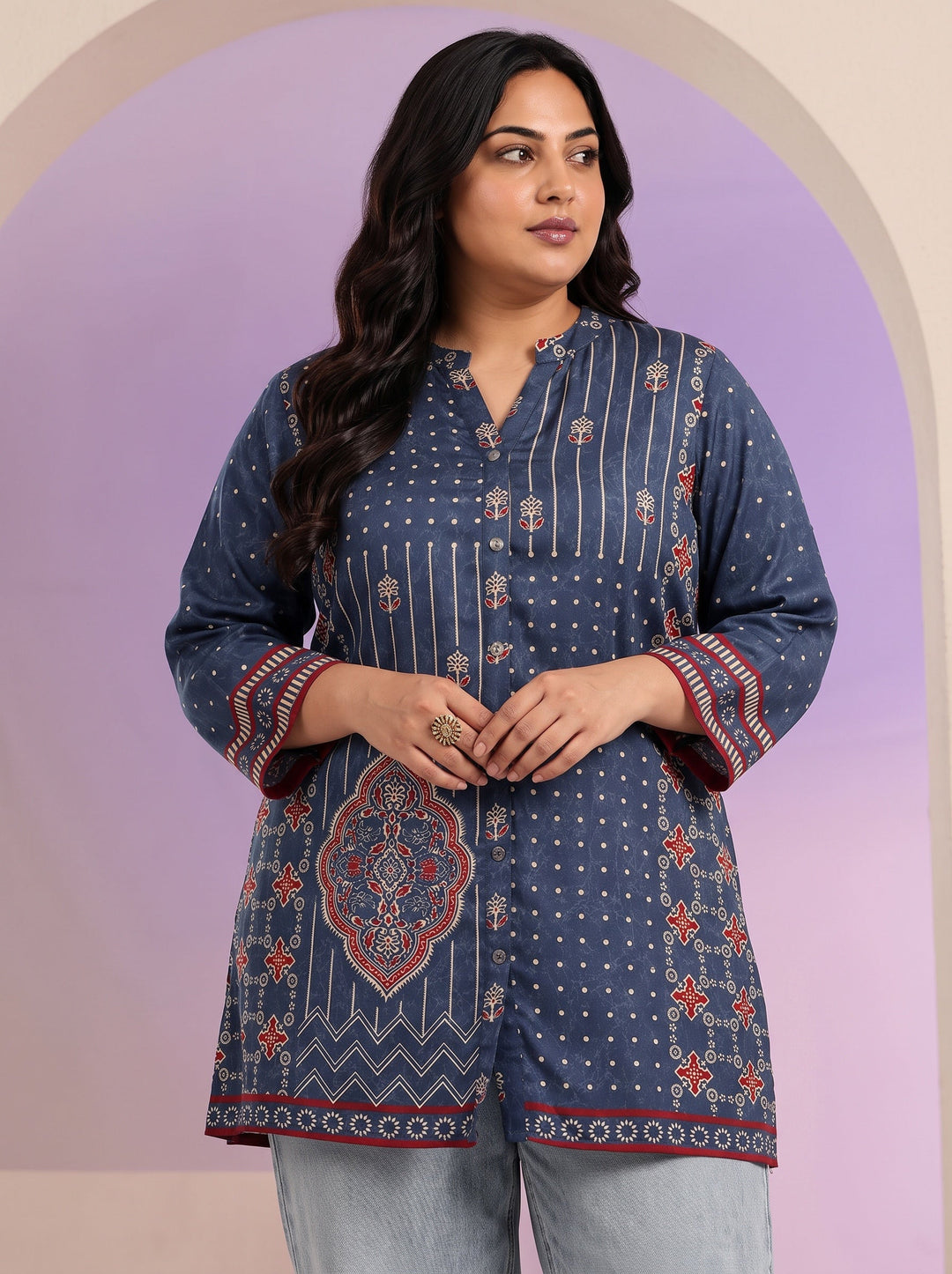 Plus Size Navy Printed Straight Cotton Blend  Short kurti