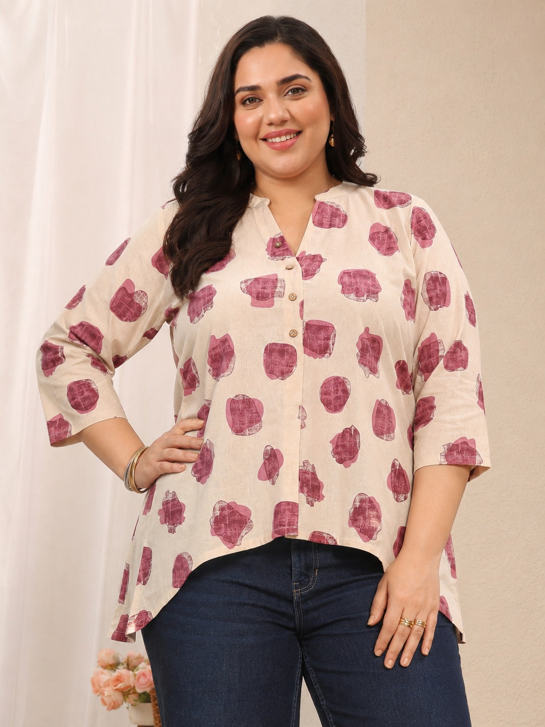 Plus Size Off White Abstract Printed Cotton Shirt