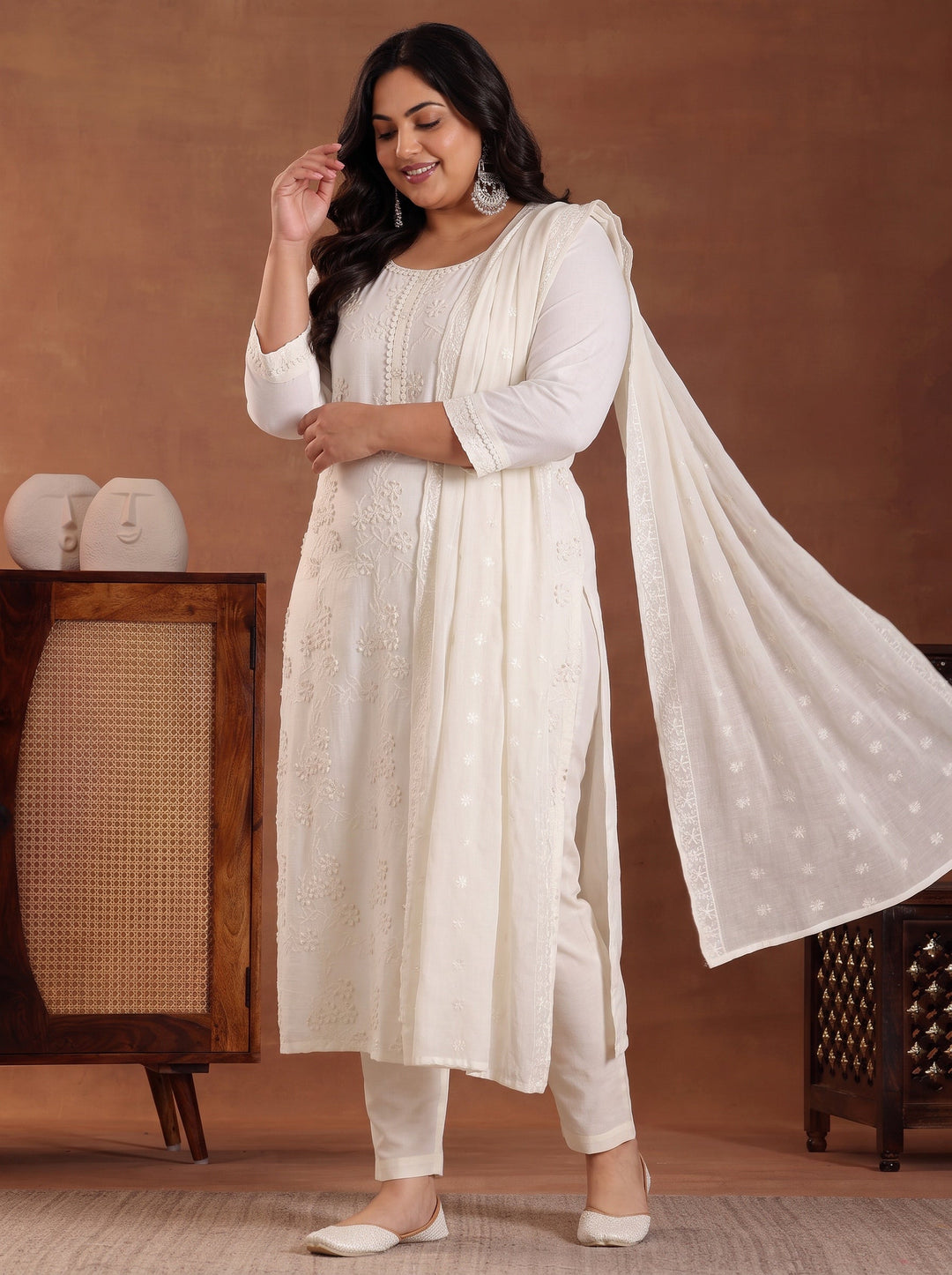 Plus Size Off White Embroidered Cotton Straight Suit With Dupatta