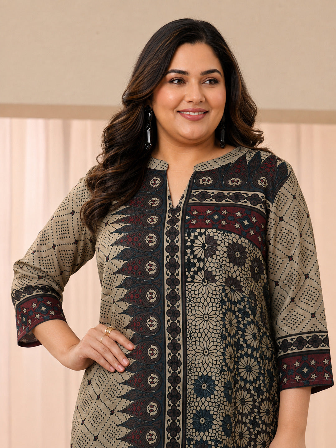 Plus Size Off White Ethnic Printed Silk Blend Straight Short Kurti