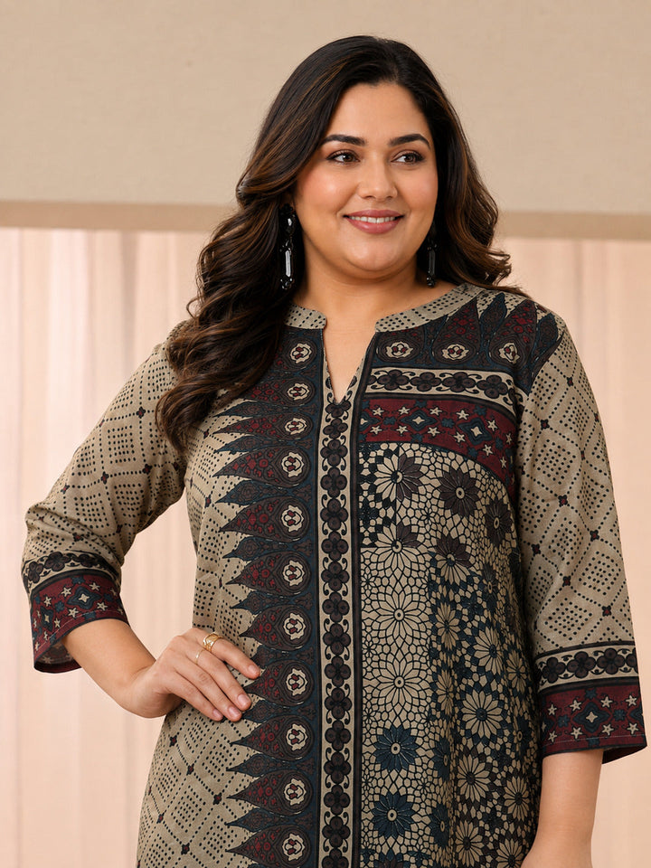 Plus Size Off White Ethnic Printed Silk Blend Straight Short Kurti