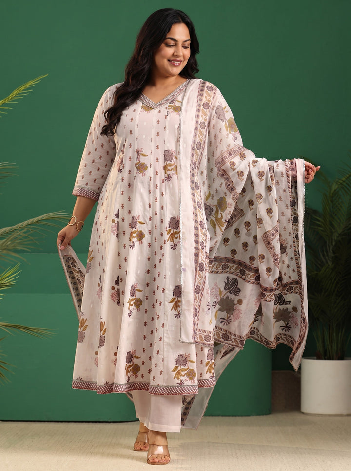 Plus Size Off White Floral Printed Cotton Anarkali Suit Set