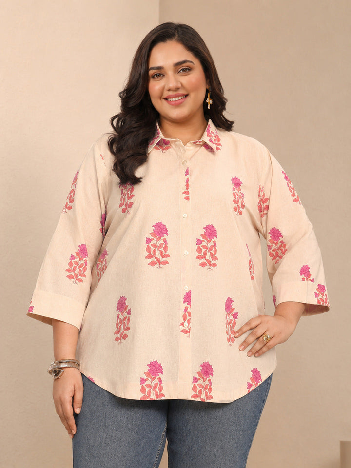 Plus Size Off White Floral Printed Cotton Shirt
