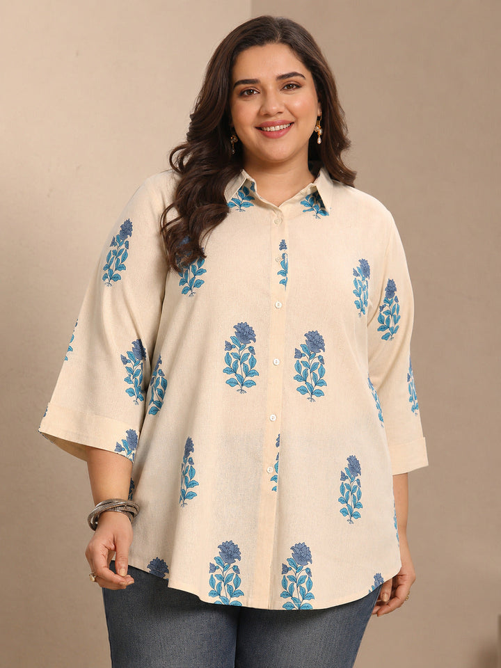 Plus Size Off White Floral Printed Cotton Shirt