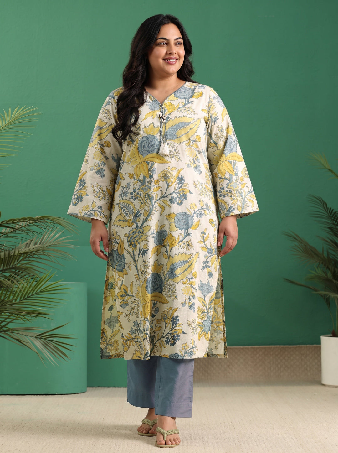 Plus Size Off White Floral Printed Cotton Straight Kurta