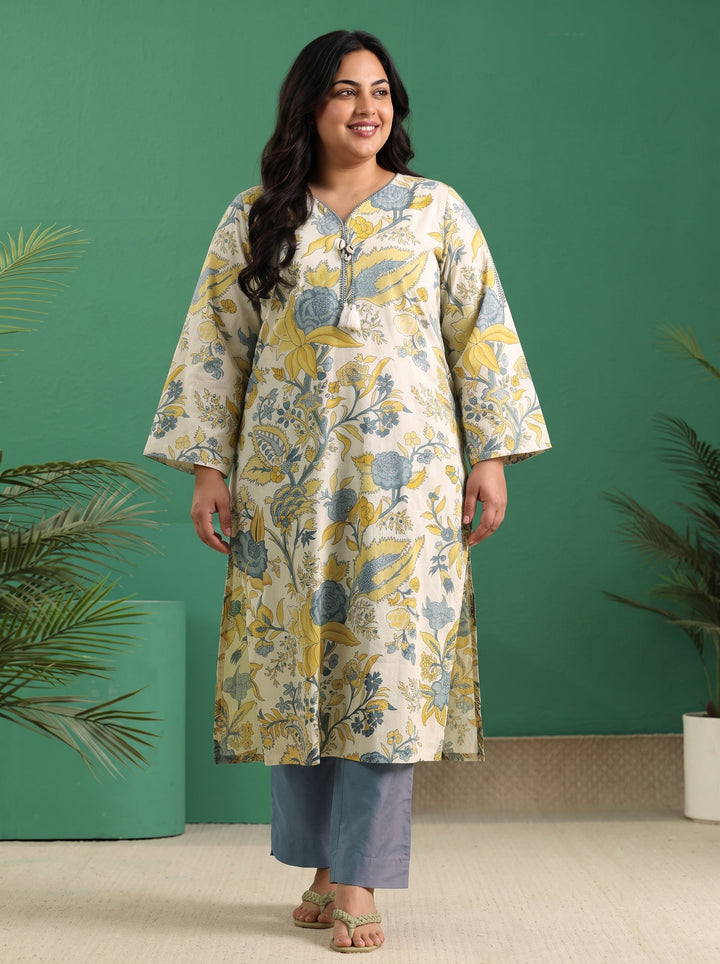 Plus Size Off White Floral Printed Cotton Straight Kurta