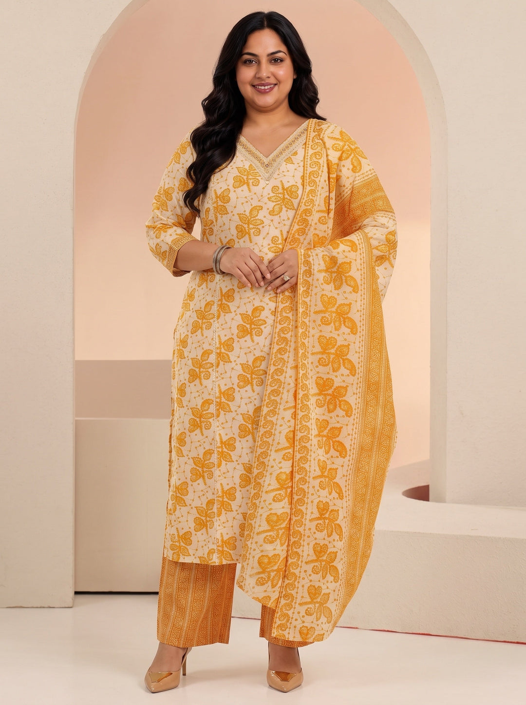 Plus Size Off White Floral Printed Cotton Straight Suit Set