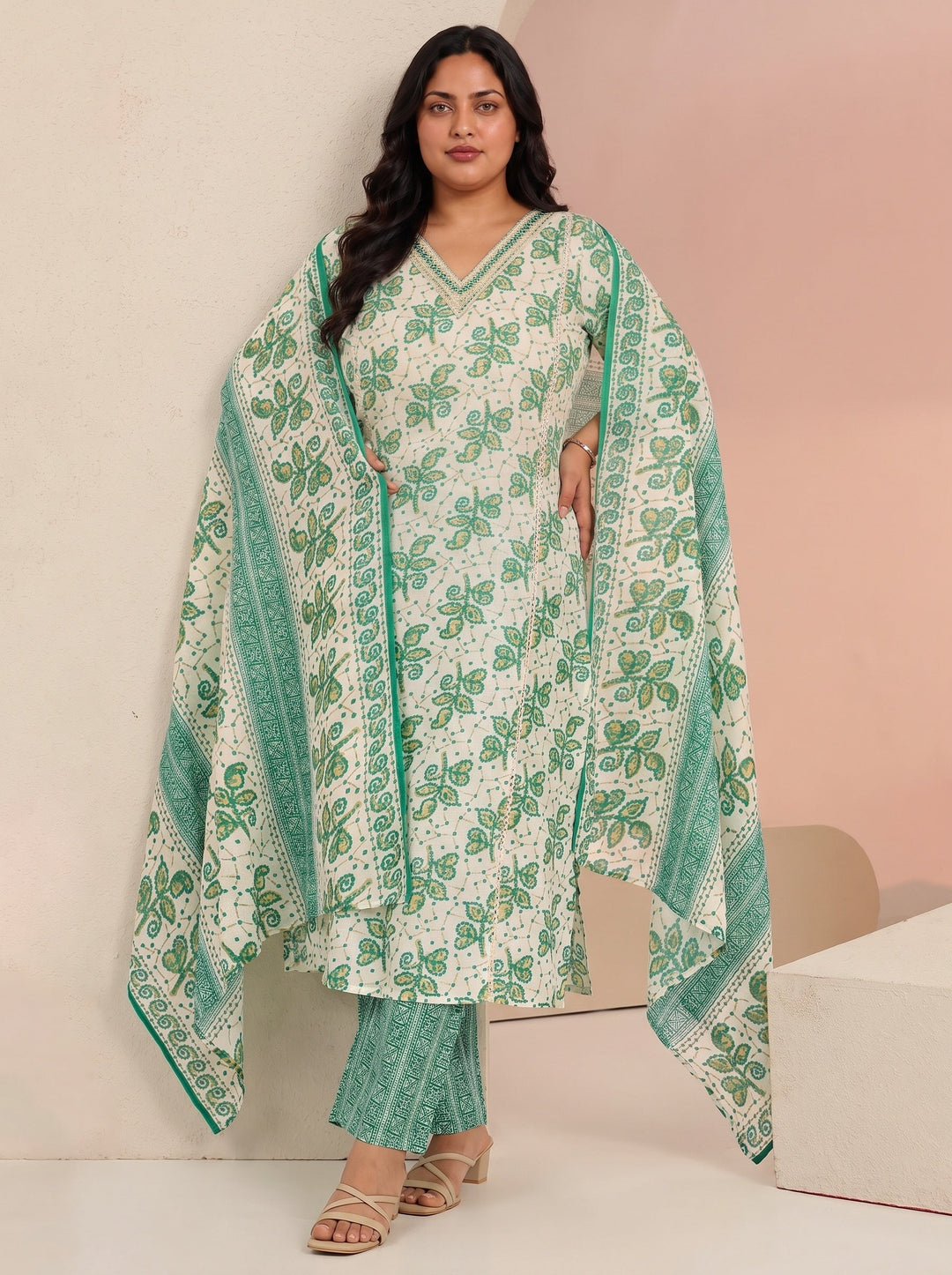 Plus Size Off White Floral Printed Cotton Straight Suit Set