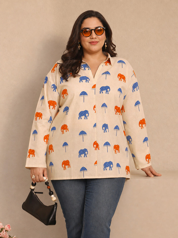 Plus Size Off White Humanoid Printed Cotton Straight Short Kurti