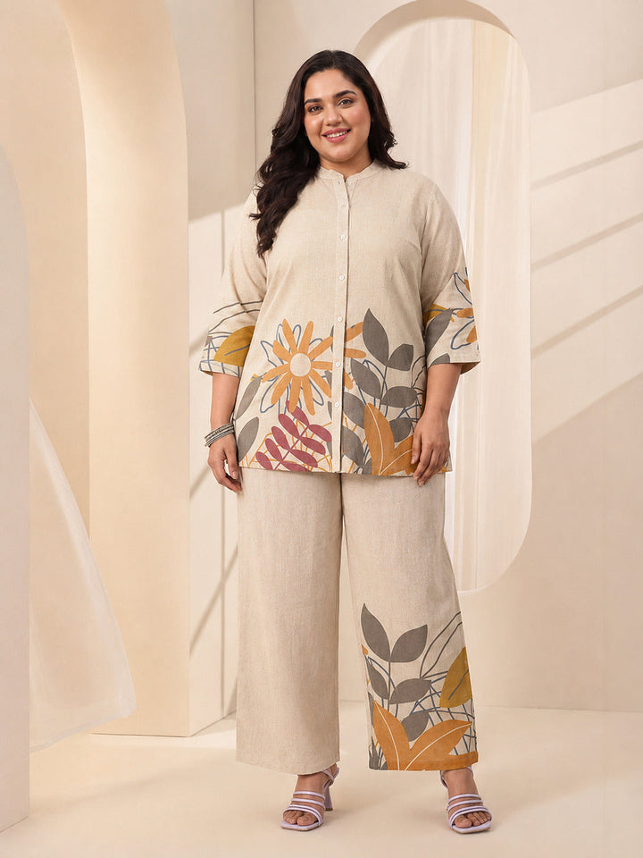 Plus Size Off White Printed Cotton Blend Co-Ord Sets