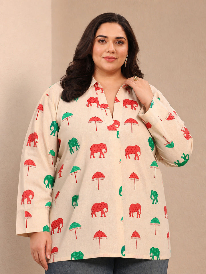 Plus Size Off White Printed Cotton Straight Short Kurti