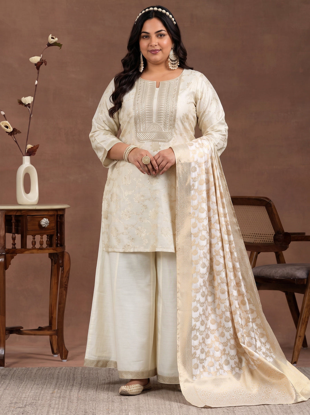 Plus Size Off White Woven Design Chanderi Silk Straight Suit With Dupatta