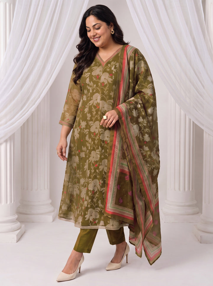 Plus Size Olive Floral Printed Chiffon Anarkali Suit Set