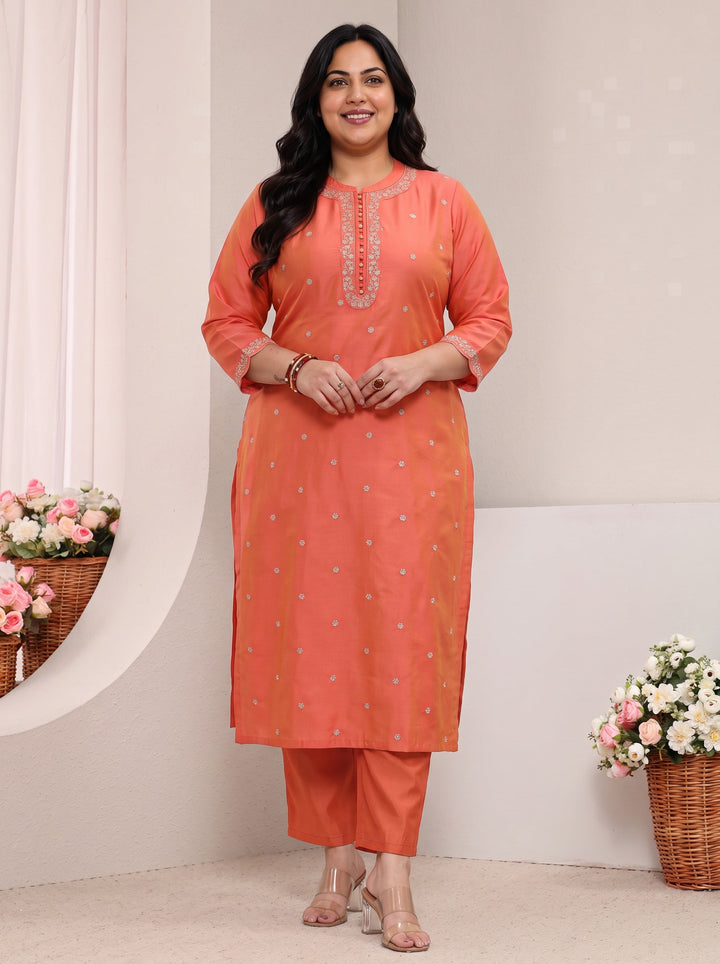 Plus Size Orange Embellished Silk Blend Straight Kurta