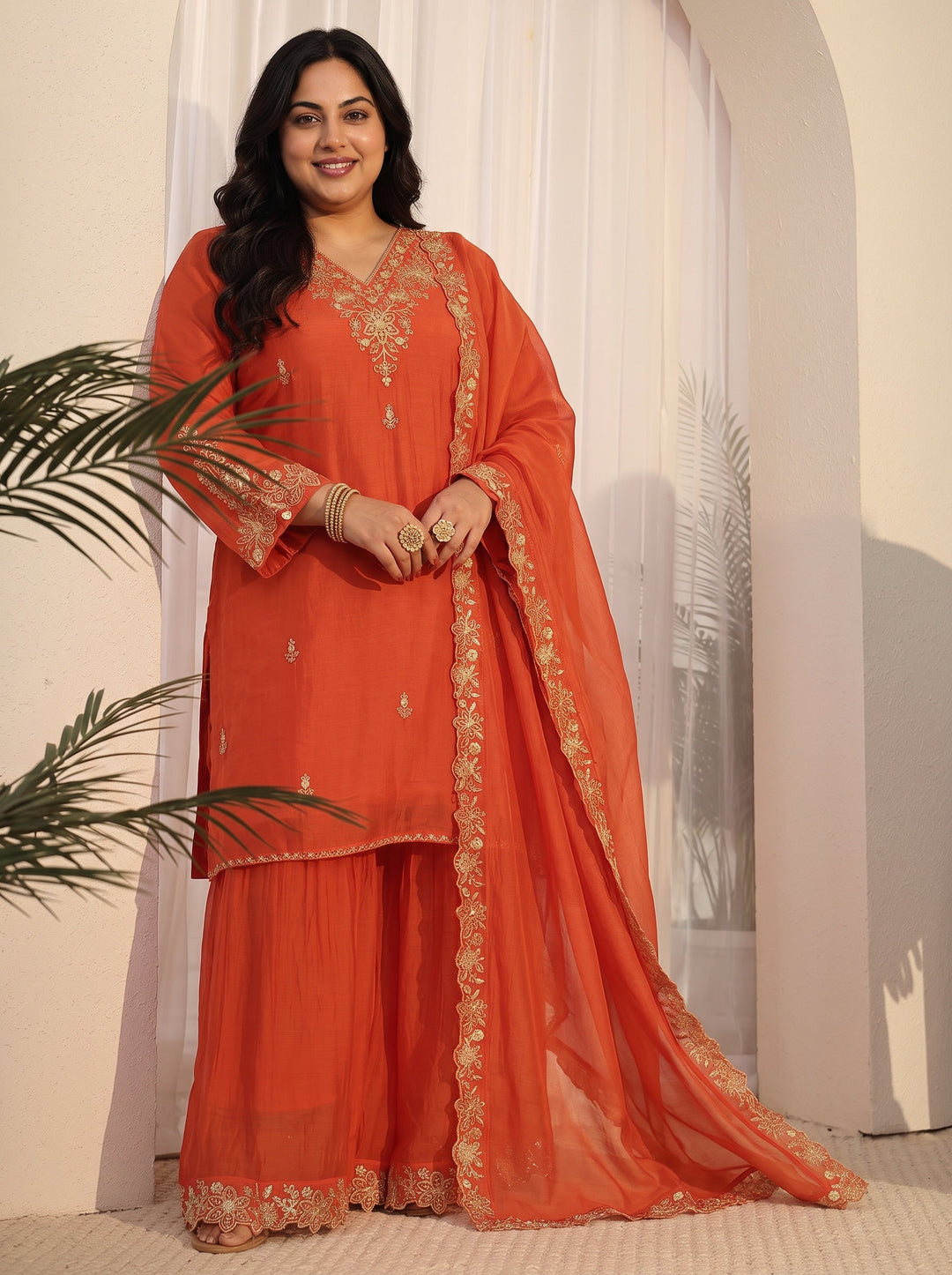 Plus Size Orange Floral Embroidered Chanderi Cotton Sharara Suit Set
