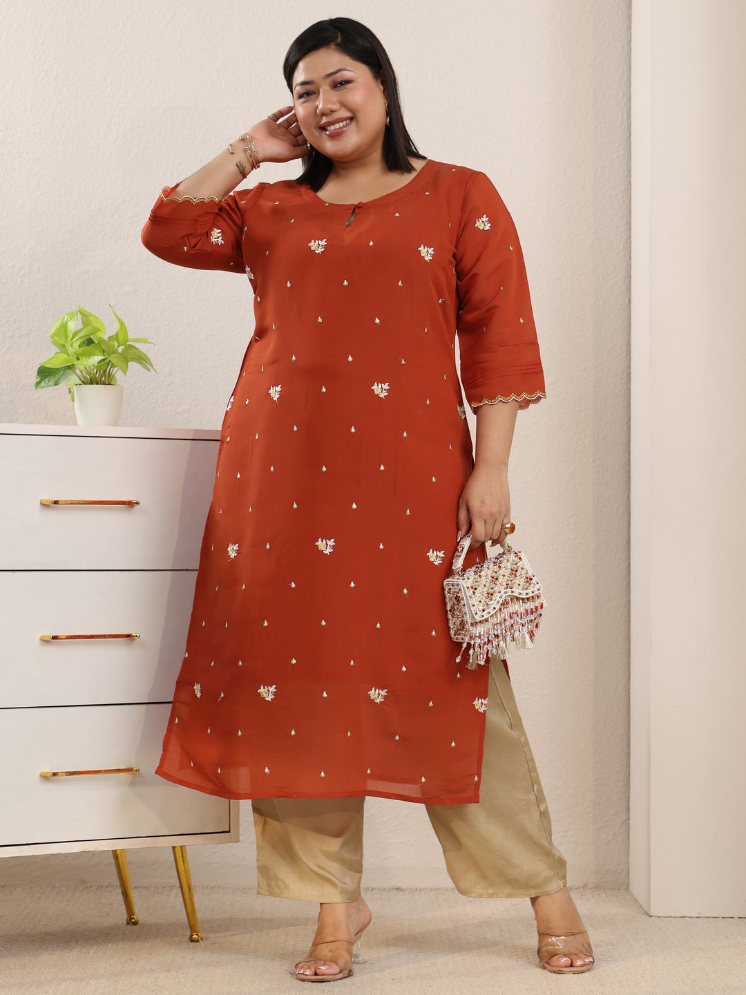 Plus Size Orange Floral Embroidered Chanderi Cotton Straight Kurta