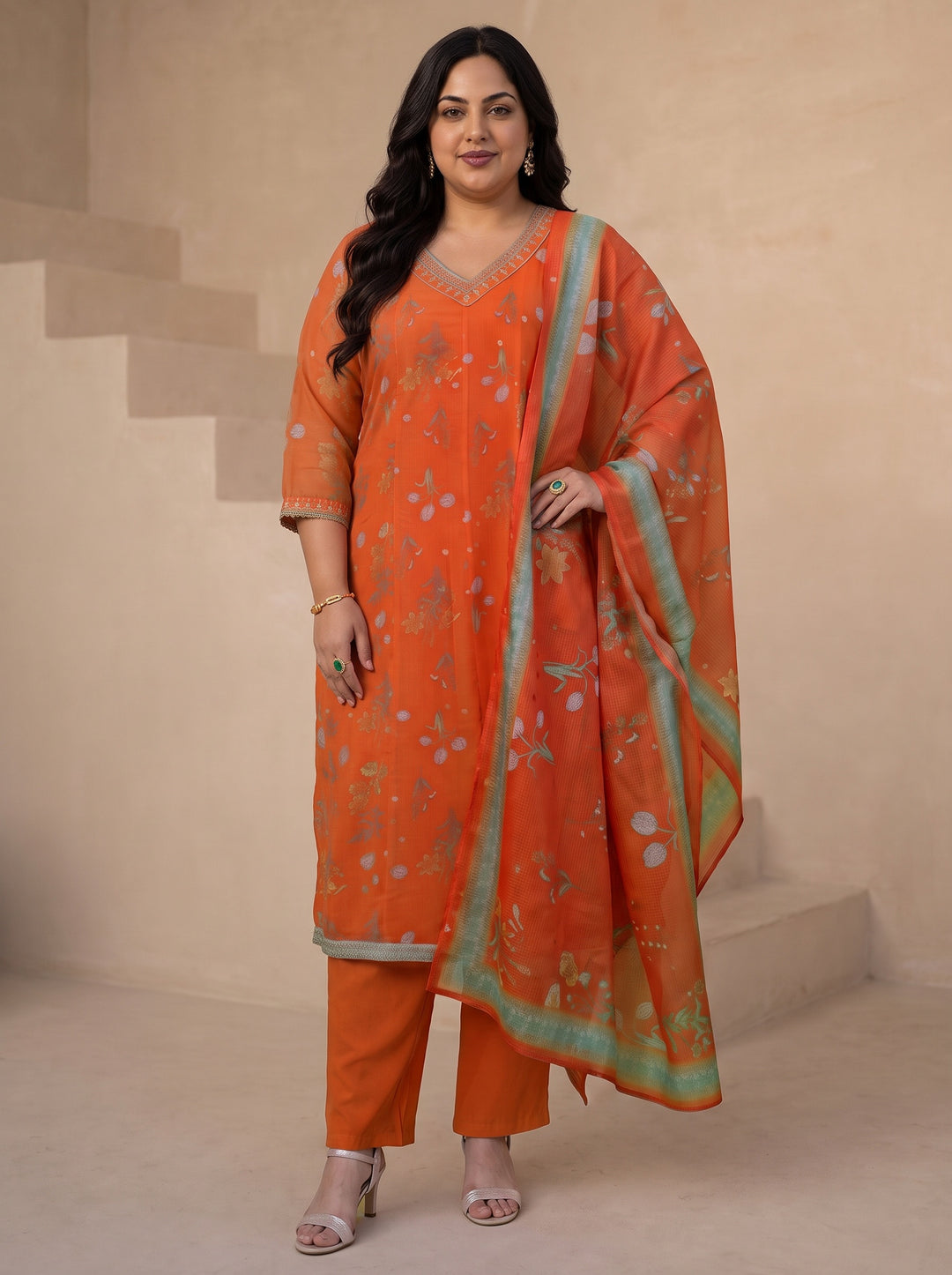 Plus Size Orange Floral Printed Chiffon A-Line Suit Set