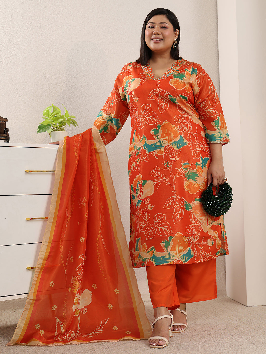 Plus Size Orange Printed Silk Blend Straight Suit Set With Dupatta