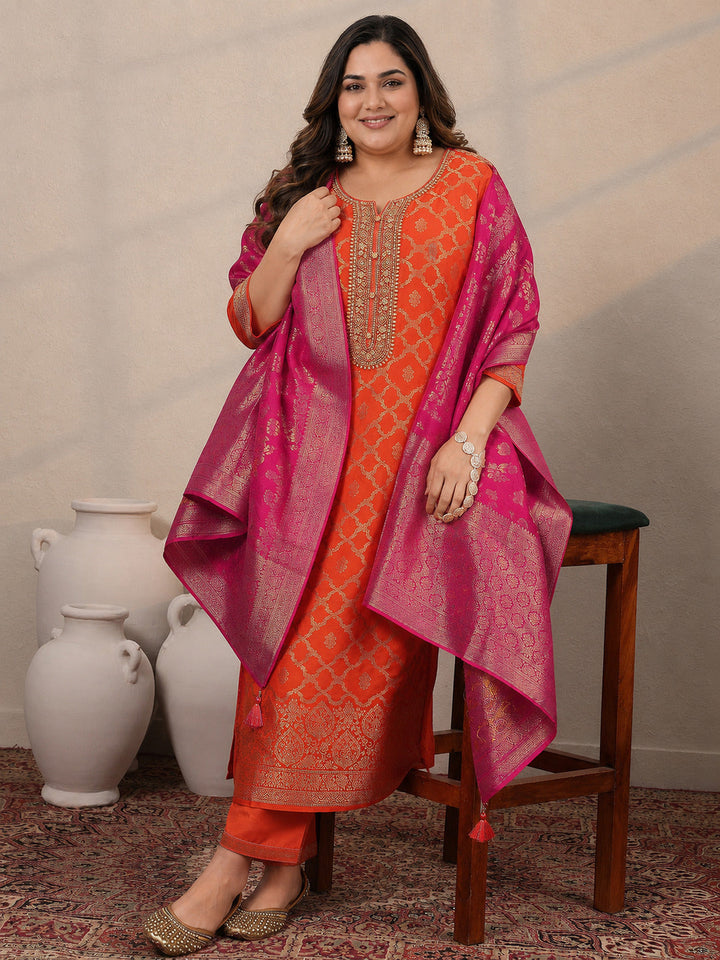 Plus Size Orange Woven Design Silk Blend Straight Suit Set With Dupatta