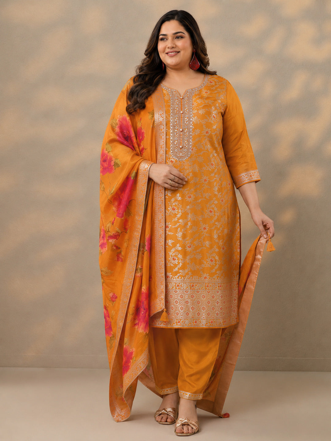 Plus Size Orange Woven Design Silk Blend Straight Suit Set With Dupatta