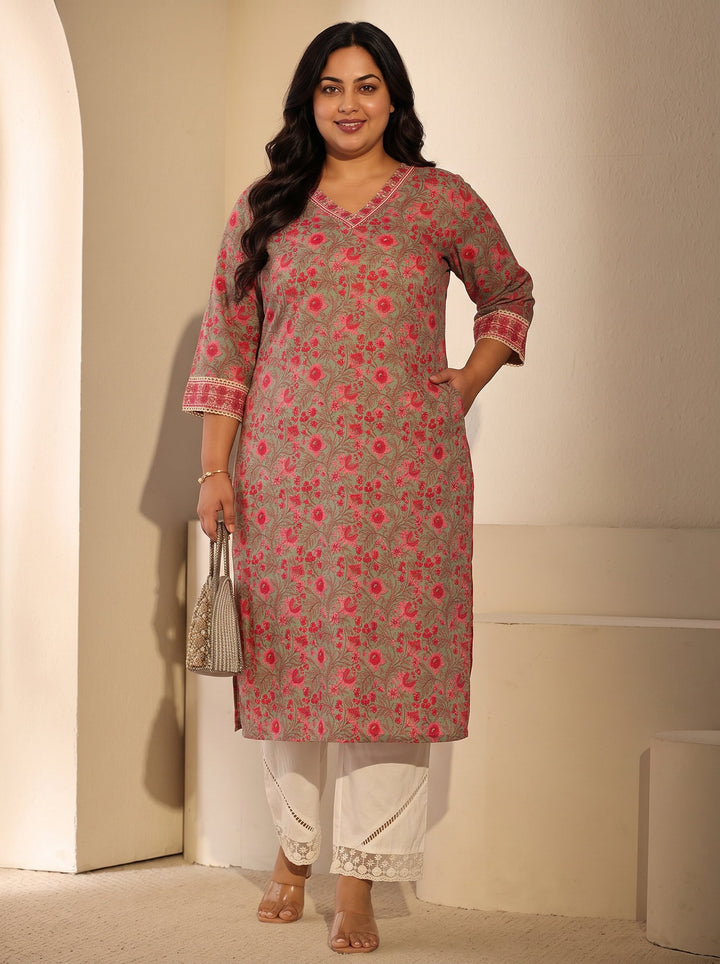 Plus Size Pastel Green Floral Printed Cotton Straight Kurta