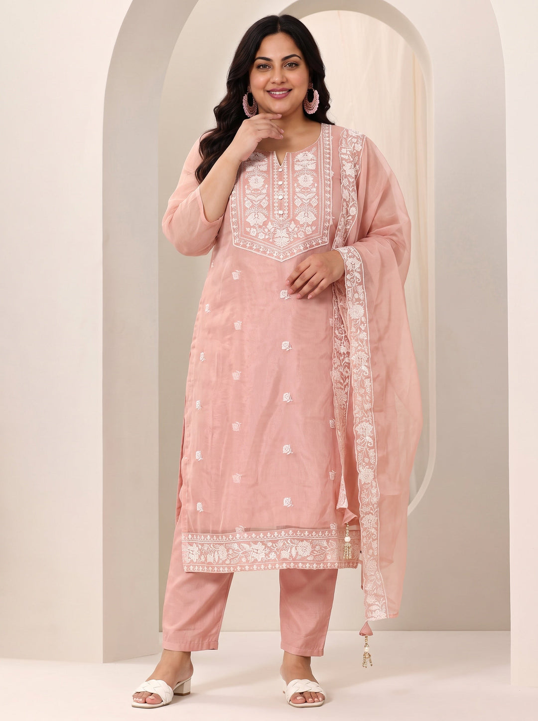 Plus Size Peach Embroidered Organza Straight Suit Set With Dupatta