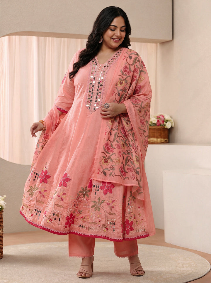 Plus Size Peach Floral Embroidered Silk Blend Anarkali Suit Set