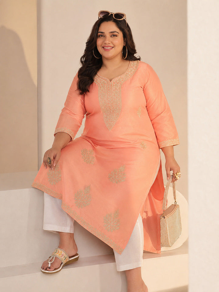 Plus Size Peach Floral Embroidered Silk Blend Straight Kurta