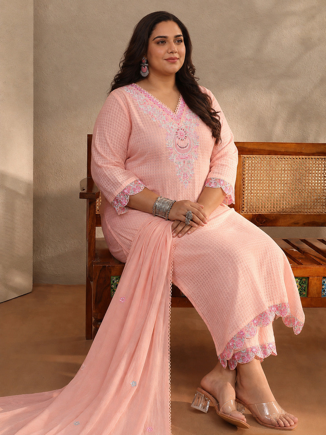 Plus Size Peach Floral Self Design Cotton Blend Straight Suit Set With Dupatta