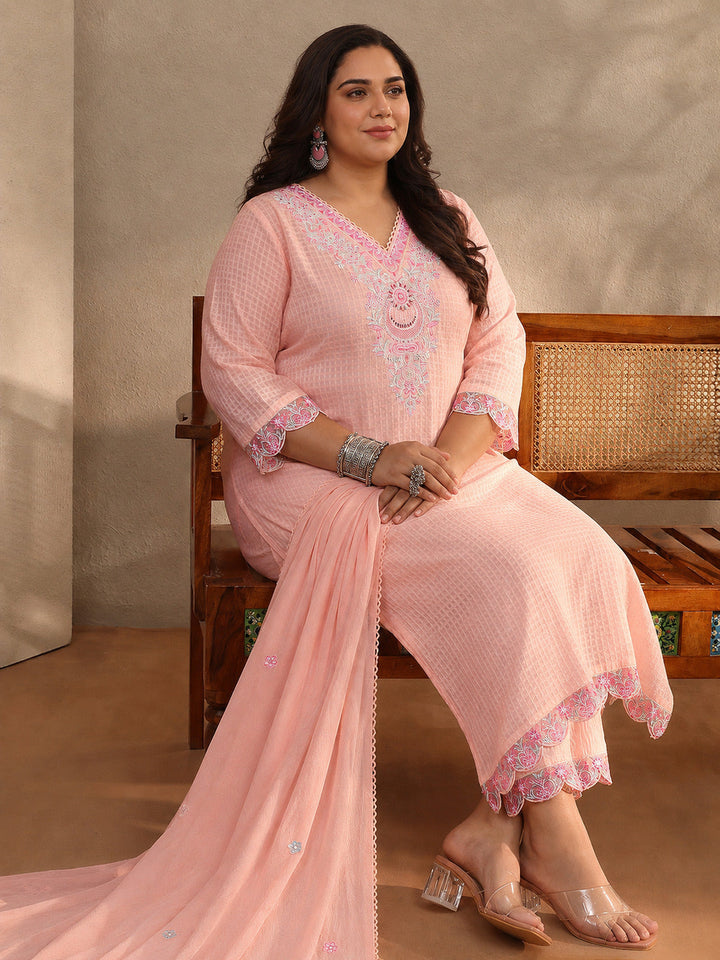 Plus Size Peach Floral Self Design Cotton Blend Straight Suit Set With Dupatta