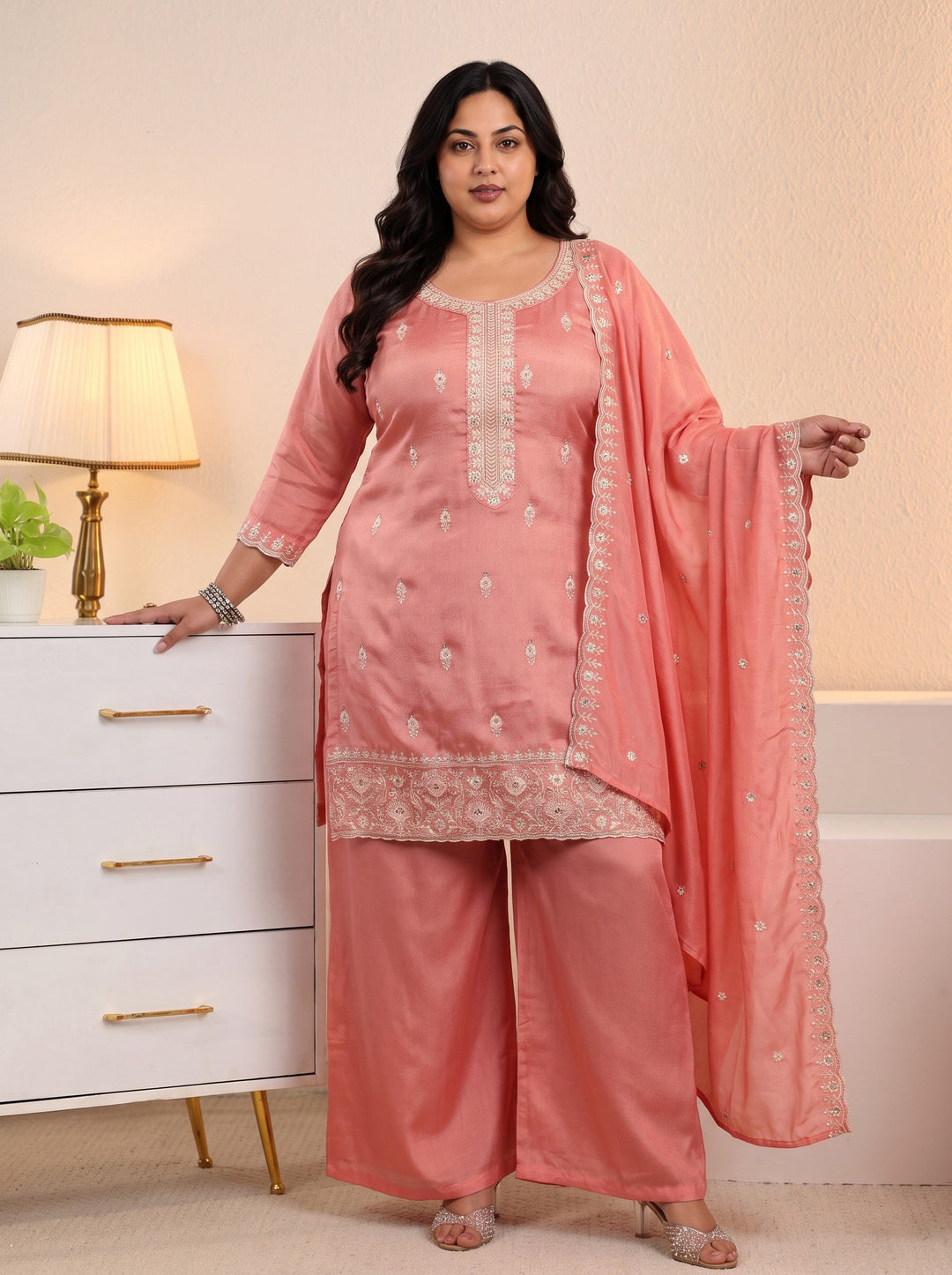 Plus Size Peach Pink Floral Embroidered Silk Blend Palazzo Suit Set
