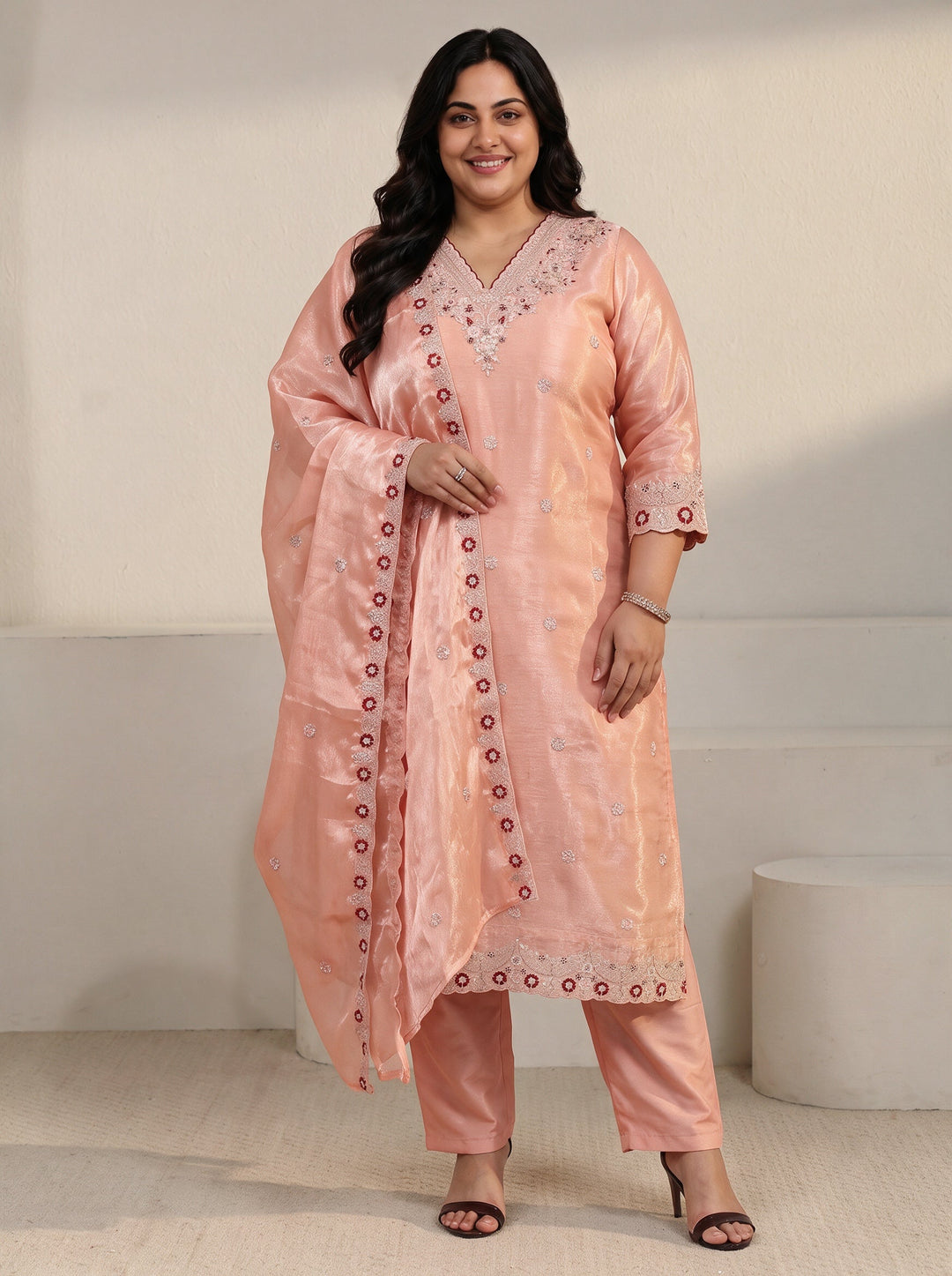 Plus Size Peach Pink Floral Embroidered Tissue Straight Suit Set