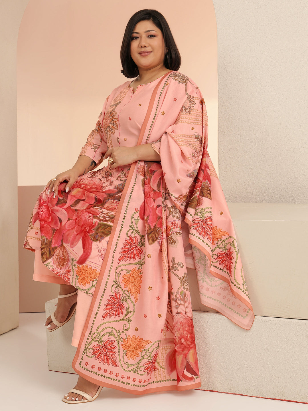 Plus Size Peach Pink Floral Printed Muslin Straight Suit Set