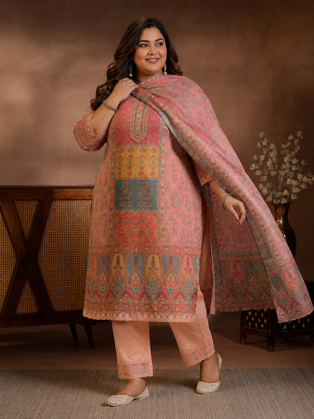 Plus Size Peach Printed Cotton Blend Straight Suit With Dupatta