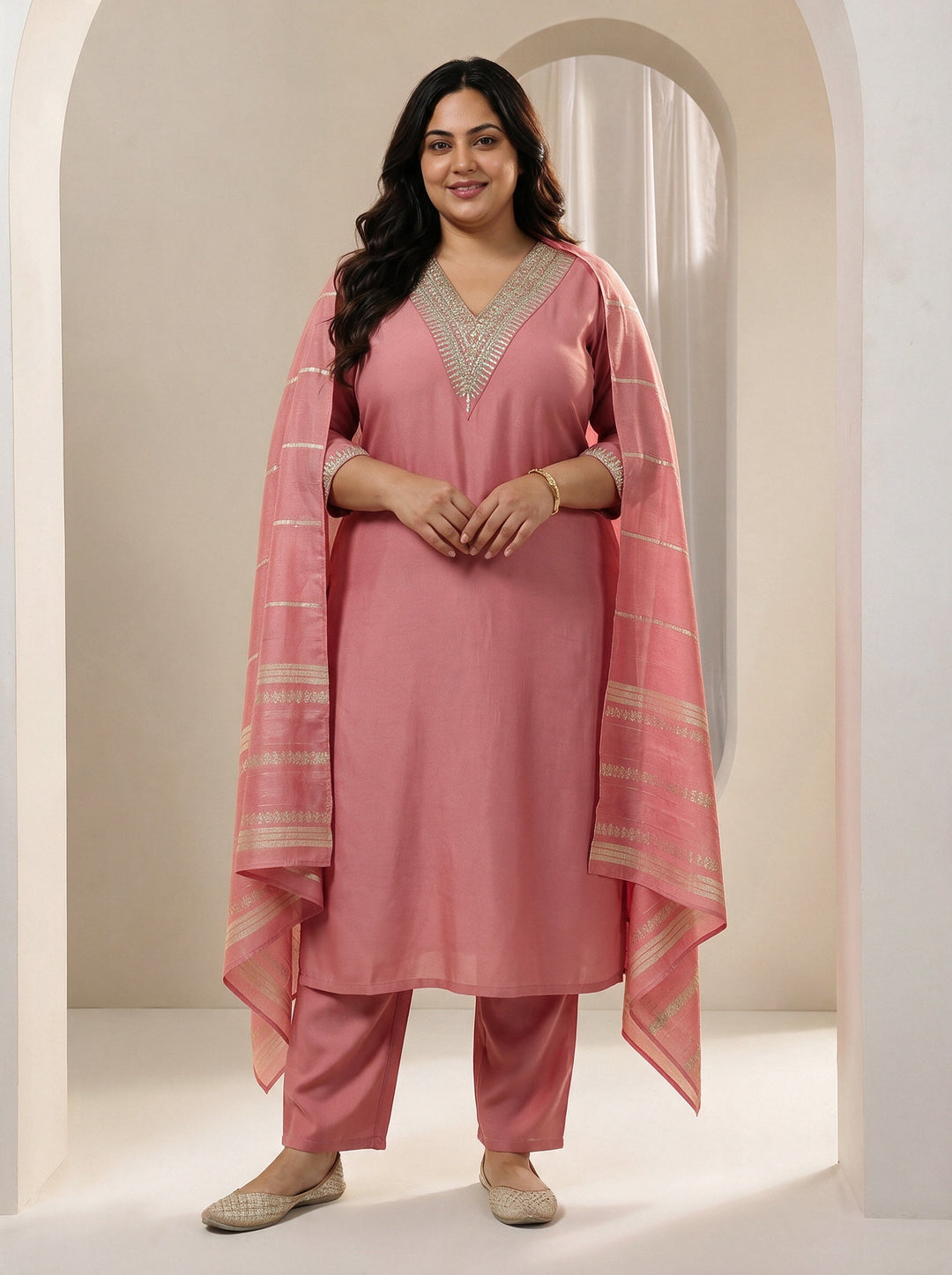 Plus Size Peach Yoke Design Embellished Silk Blend Straight Suit Set