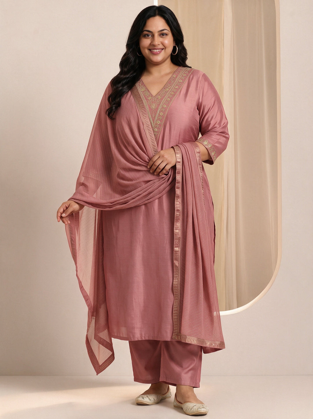 Plus Size Peach Yoke Design Embroidered Silk Blend Straight Suit Set