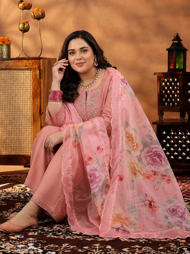 Plus Size Peach Yoke Design Silk Blend Straight Suit With Dupatta