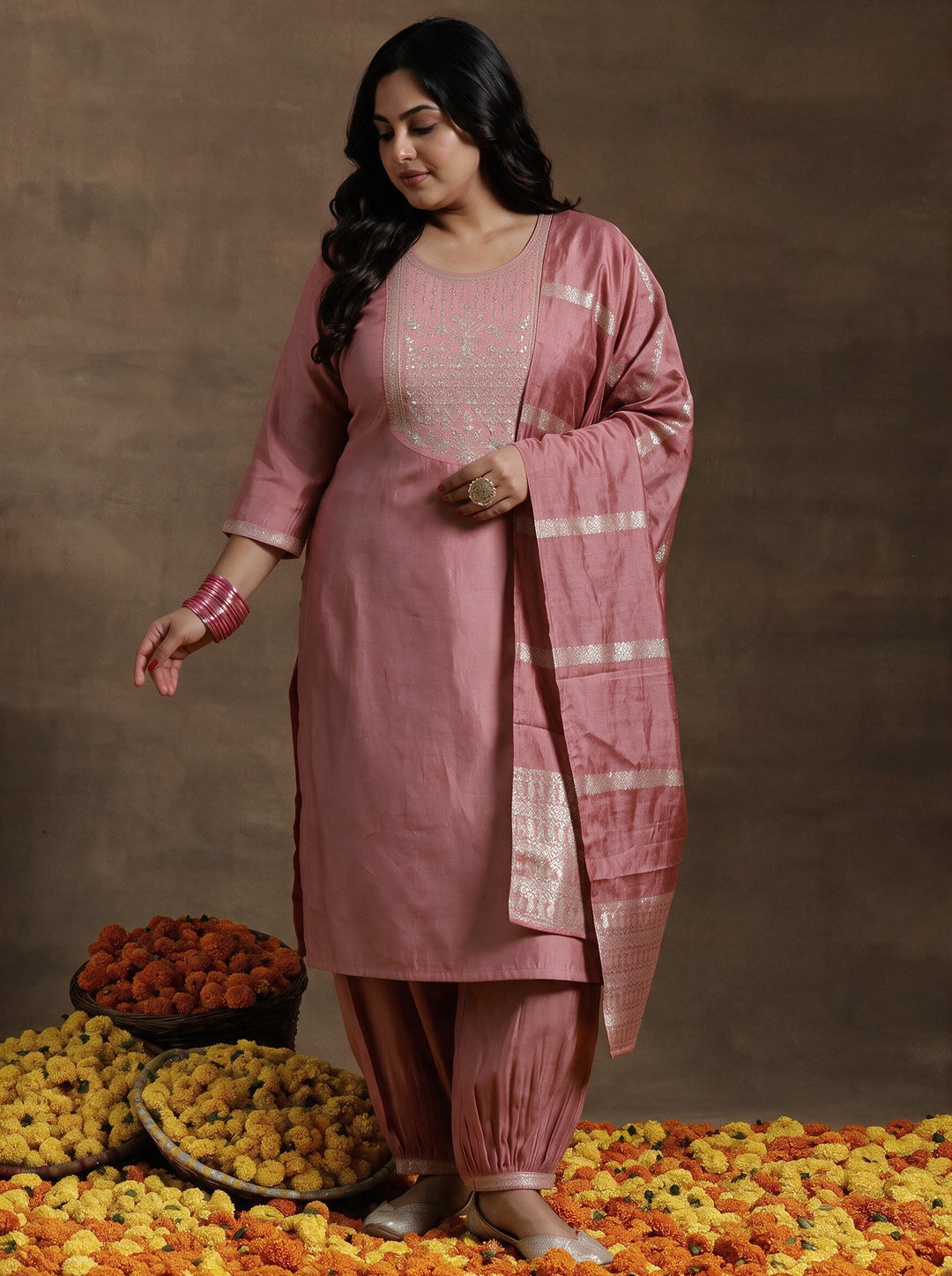 Plus Size Peach Yoke Design Straight Suit With Dupatta