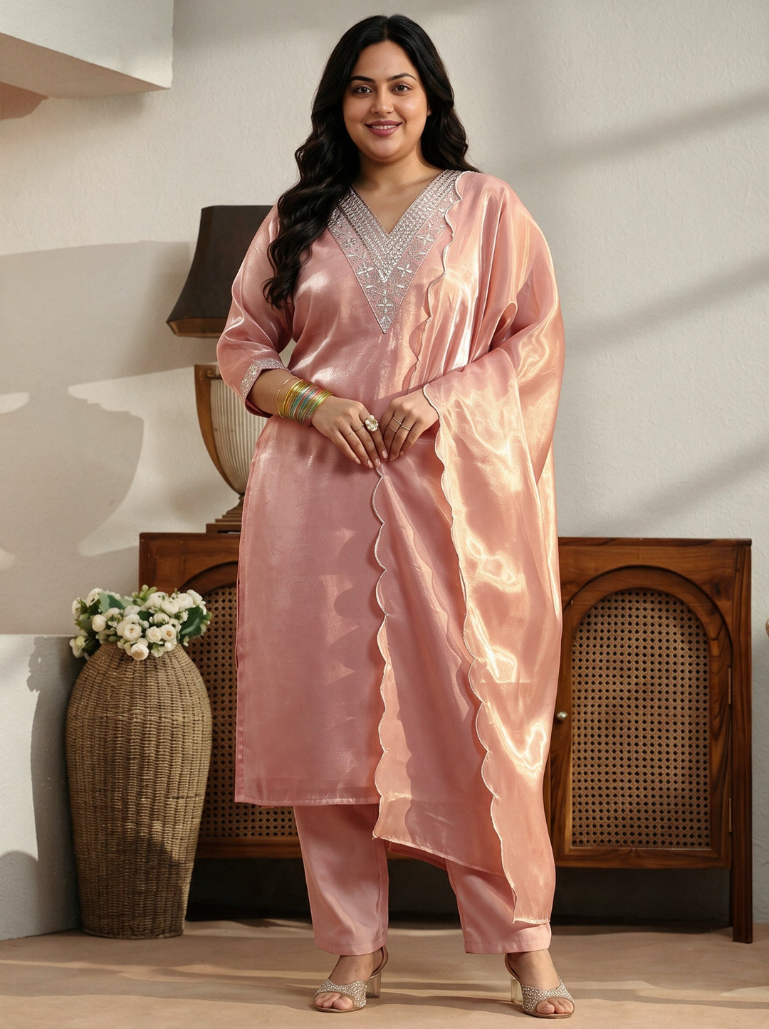 Plus Size Peach Yoke Design Tissue Straight Suit Set