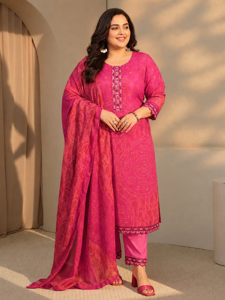 Plus Size Pink Bandhani Print Straight Cotton Suit Set