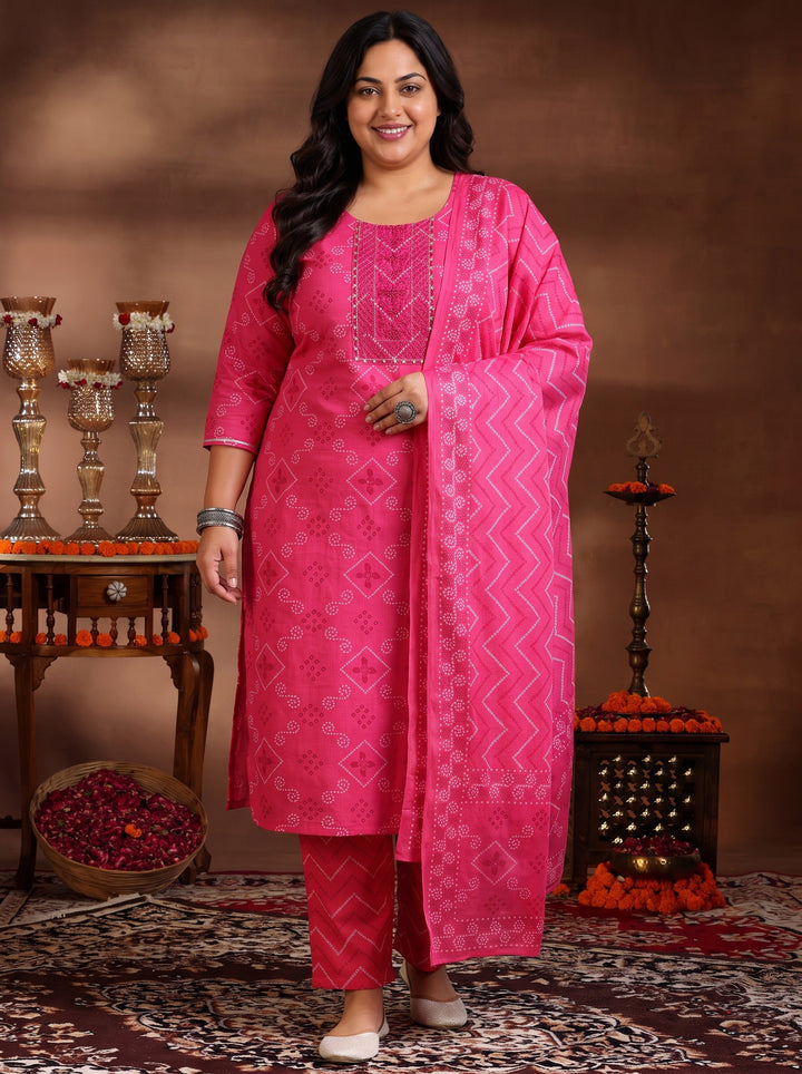 Plus Size Pink Bandhani Printed Cotton Straight Suit Set