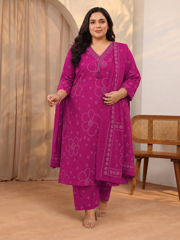 Plus Size Pink Bandhani Printed Cotton Suit Set With Dupatta