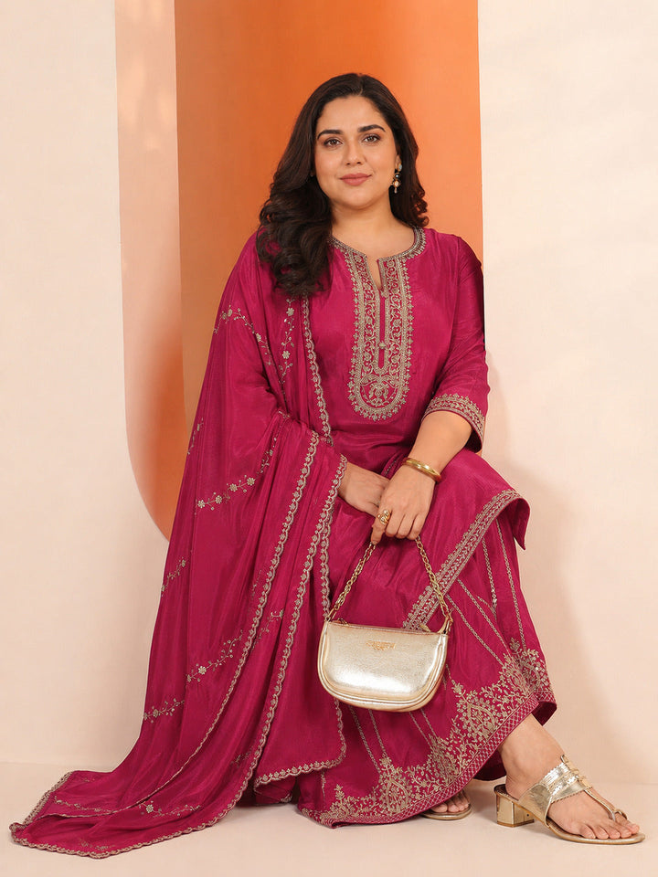 Plus Size Pink Embellished Chinon Straight Suit Set With Dupatta