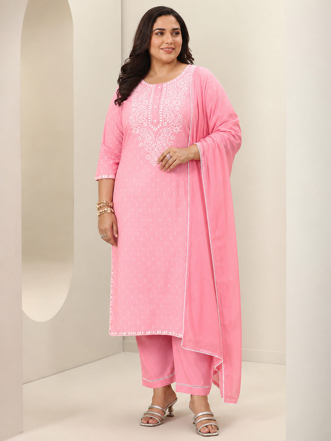 Plus Size Pink Embroidered Cotton Straight Suit Sets With Dupatta