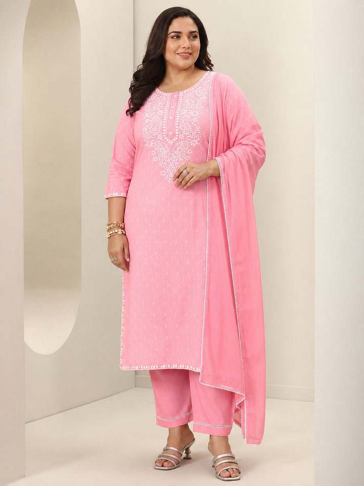 Plus Size Pink Embroidered Cotton Straight Suit Sets With Dupatta