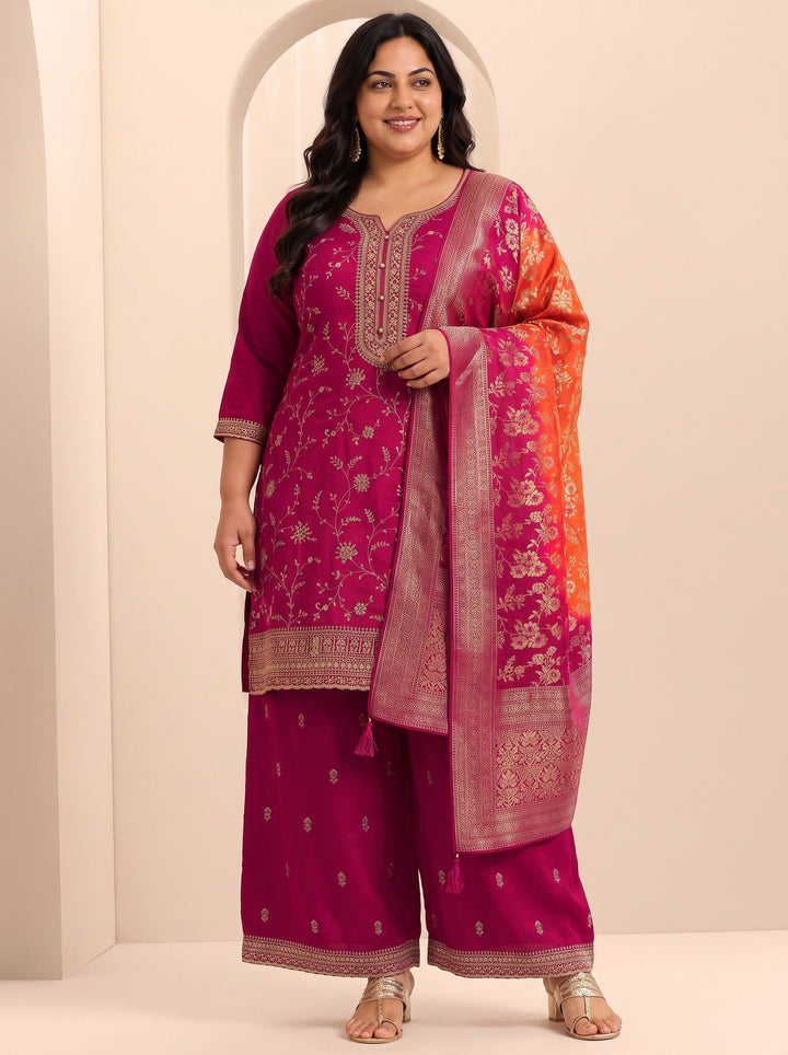 Plus Size Pink Embroidered Silk Blend Straight Suit Set With Dupatta