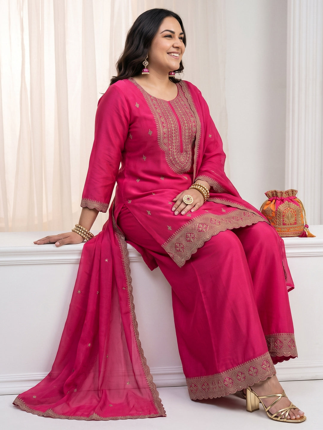 Plus Size Pink Ethnic Embroidered Chinon Palazzo Suit Set