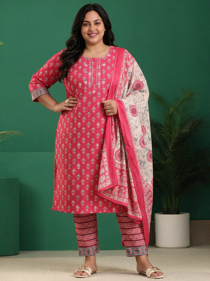 Plus Size Pink Ethnic Printed Cotton Straight Suit Set