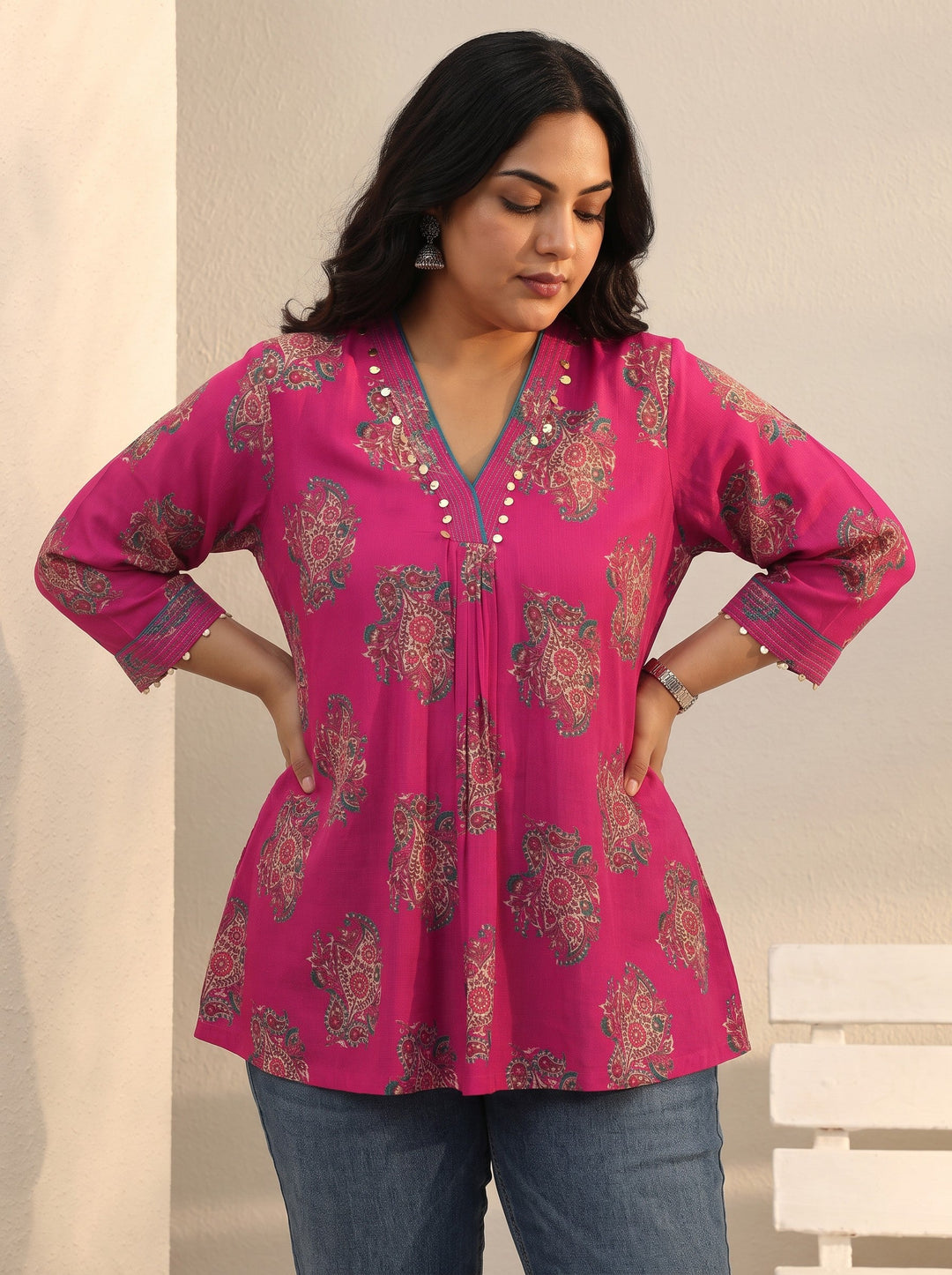 Plus Size Pink Ethnic Printed Silk Blend A-Line Short Kurti